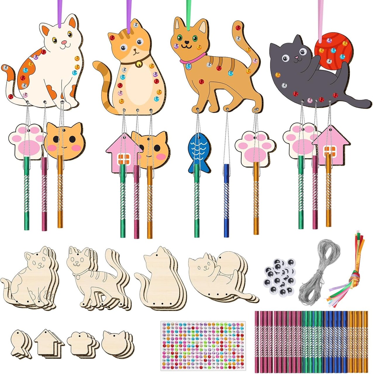 12 Pack Wind Chime Kit for Kids, for Girls Boys Home School Activity Party Supplies(Cute Cat)